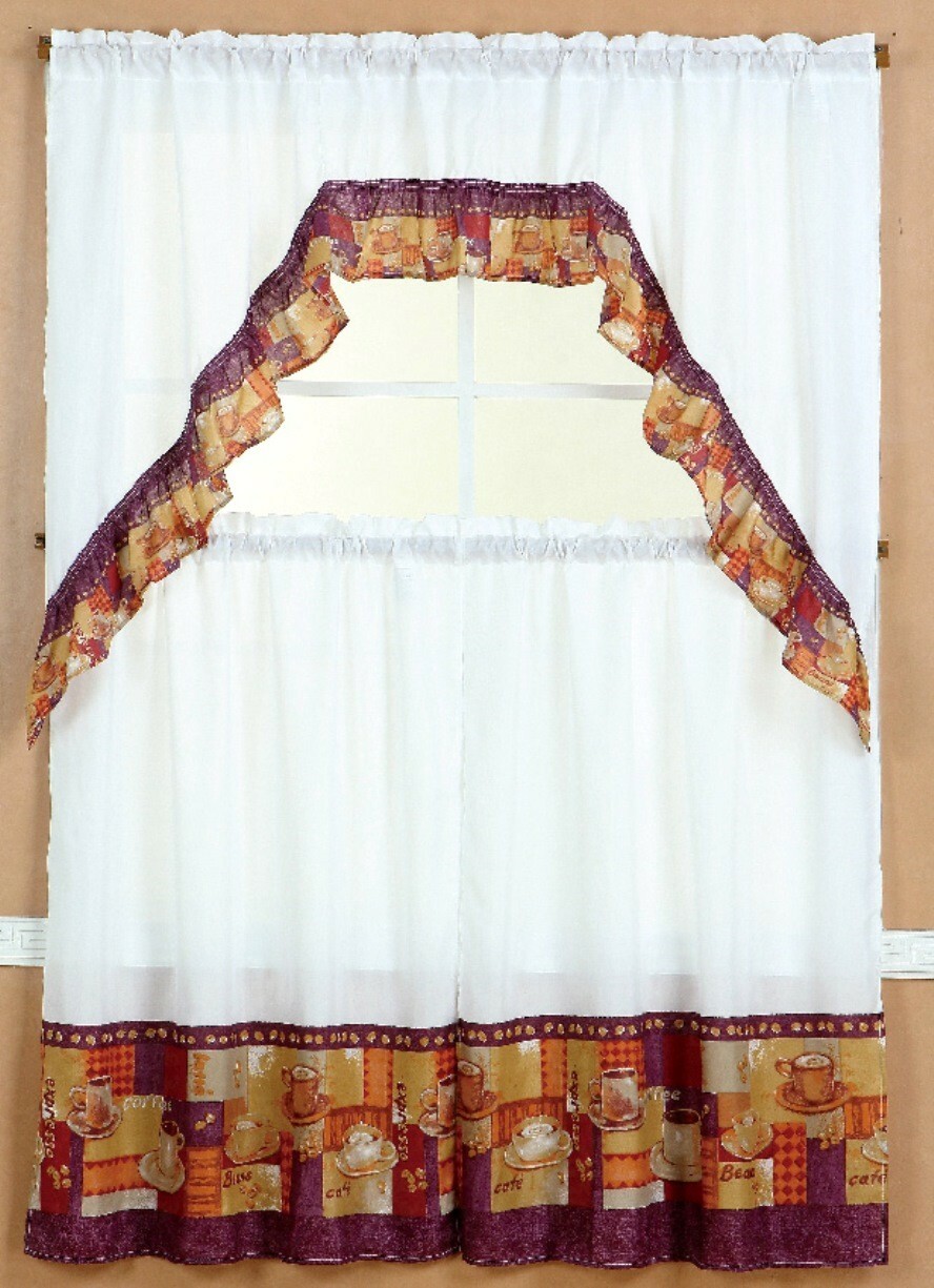 3-piece Coffee Mug Cup Kitchen Window Curtain Set White Drapes Cafe Tier & Swag