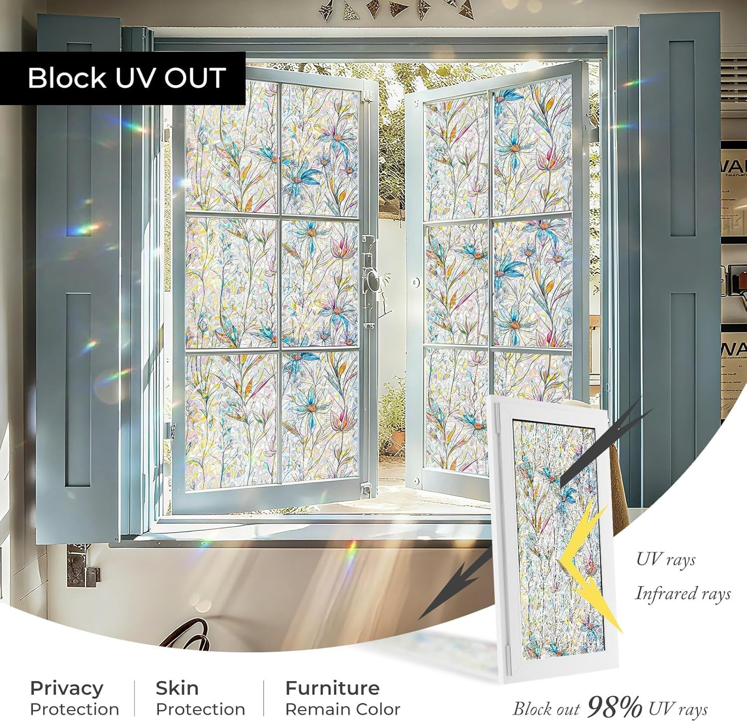 Window Privacy Film, Stained Glass Decorative Static Cling, Removable Laser S…