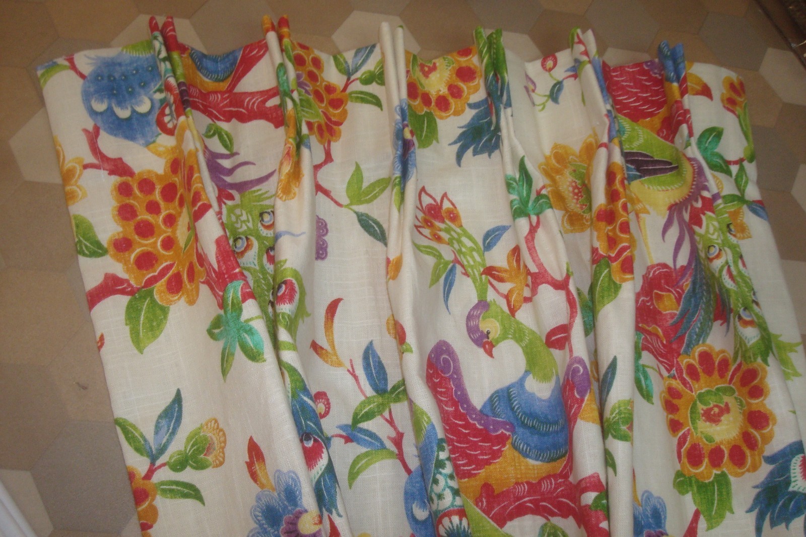 New Custom DRAPES Lined 2 pc LINEN Peacock Floral Fiesta Lark Pleated 96″ lg
