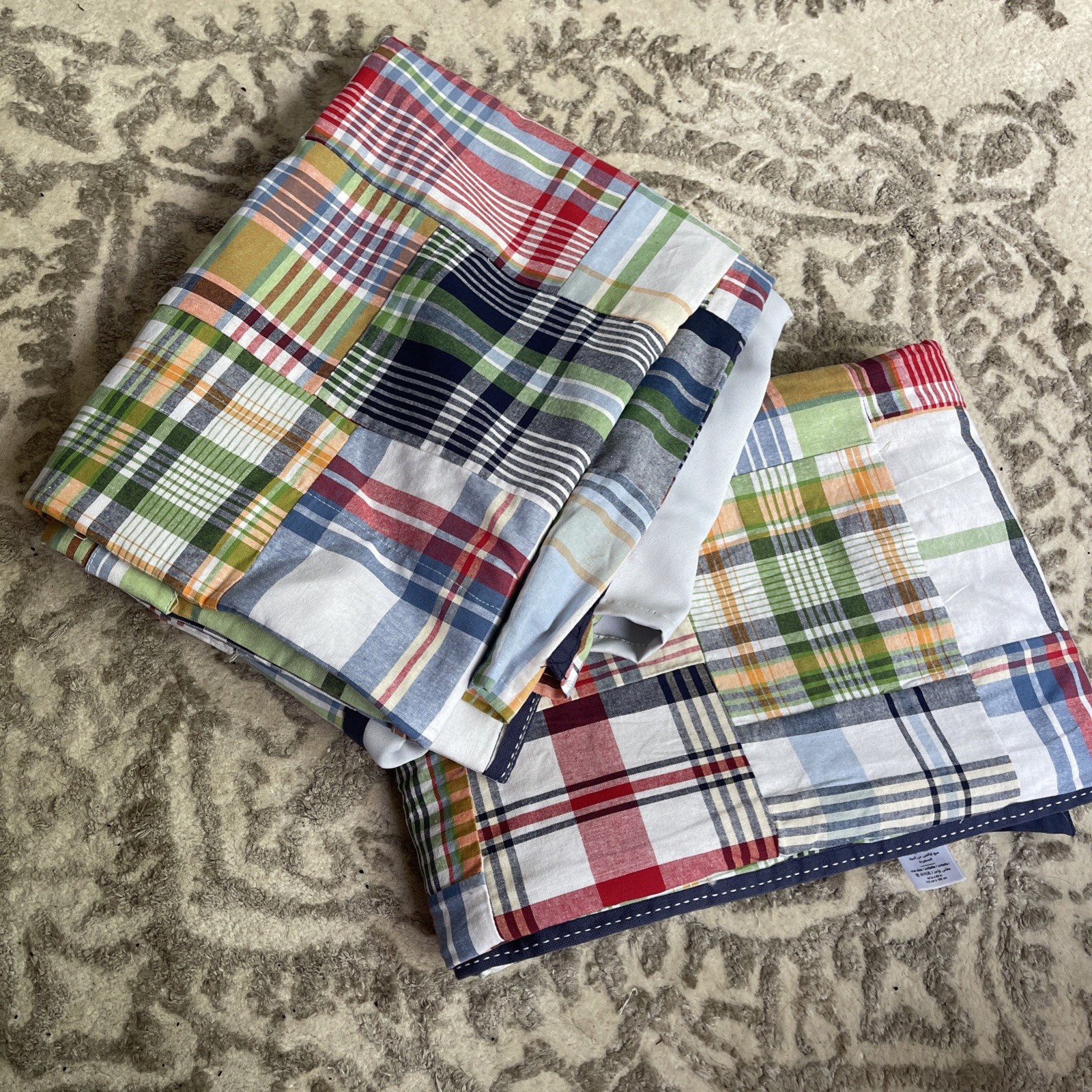 1-Pottery Barn Kids Madras Plaid Patchwork Blackout Drapery Panel 44″ x 63″