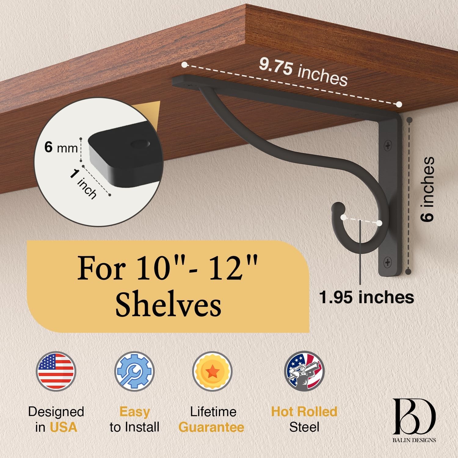 Closet Rod Bracket, 10 Inch Hook Shelf Brackets Heavy Duty Wall Mounted, Blac…
