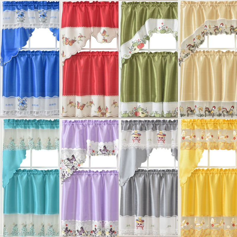 3PC EMBROIDERY DESIGNS PANEL KITCHEN WINDOW CURTAIN TIER VALANCE 36″ LENGHT