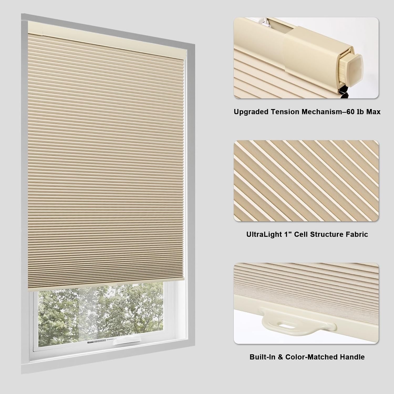 No Drill Cellular Shades for Indoor Windows Free Stop Cordless Blackout Shades