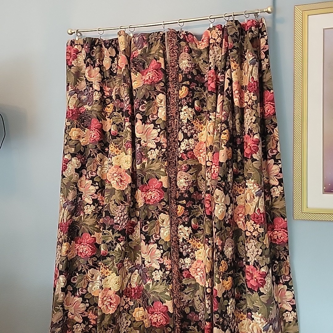 Custom Drapes Curtains Black Floral Lined Interlined Blackout Fringe 108×100
