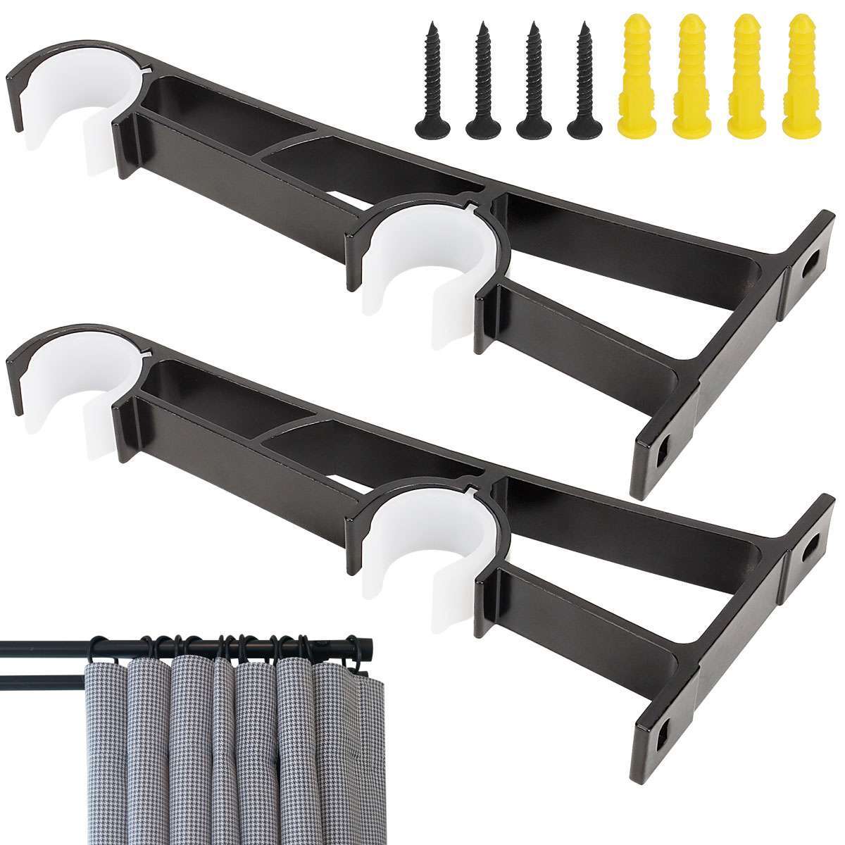 2Pcs 8″ Long Double Curtain Rod Brackets for Drapery Rod Window Hardware Holder