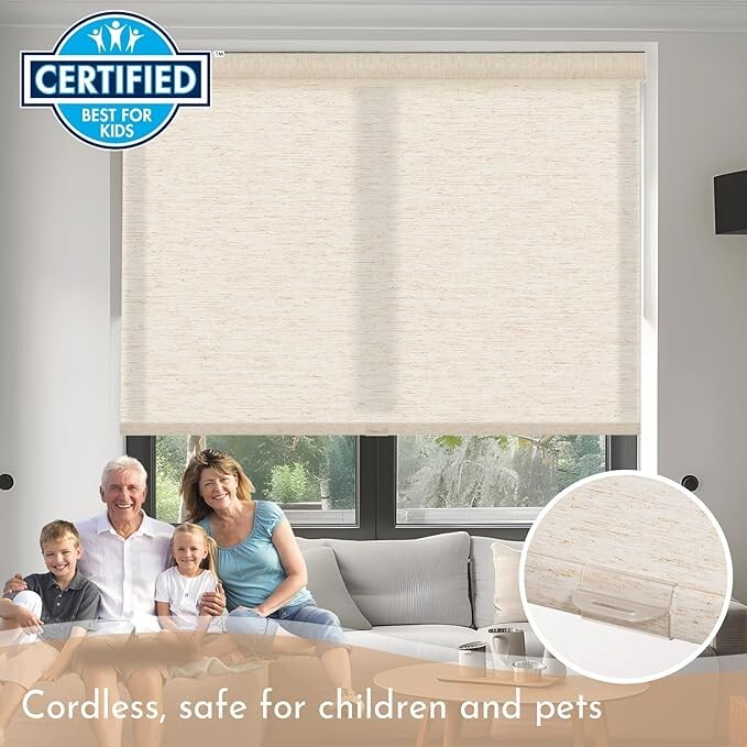 Blackout Motorized Cream Color Linen METechs Custom Size Cordless Roller Blinds