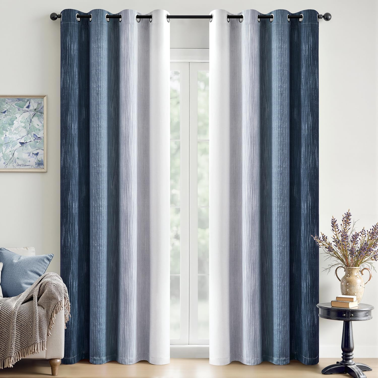 Navy Blue and Greyish White Ombre Blackout Curtains, Full Room Darkening Thermal
