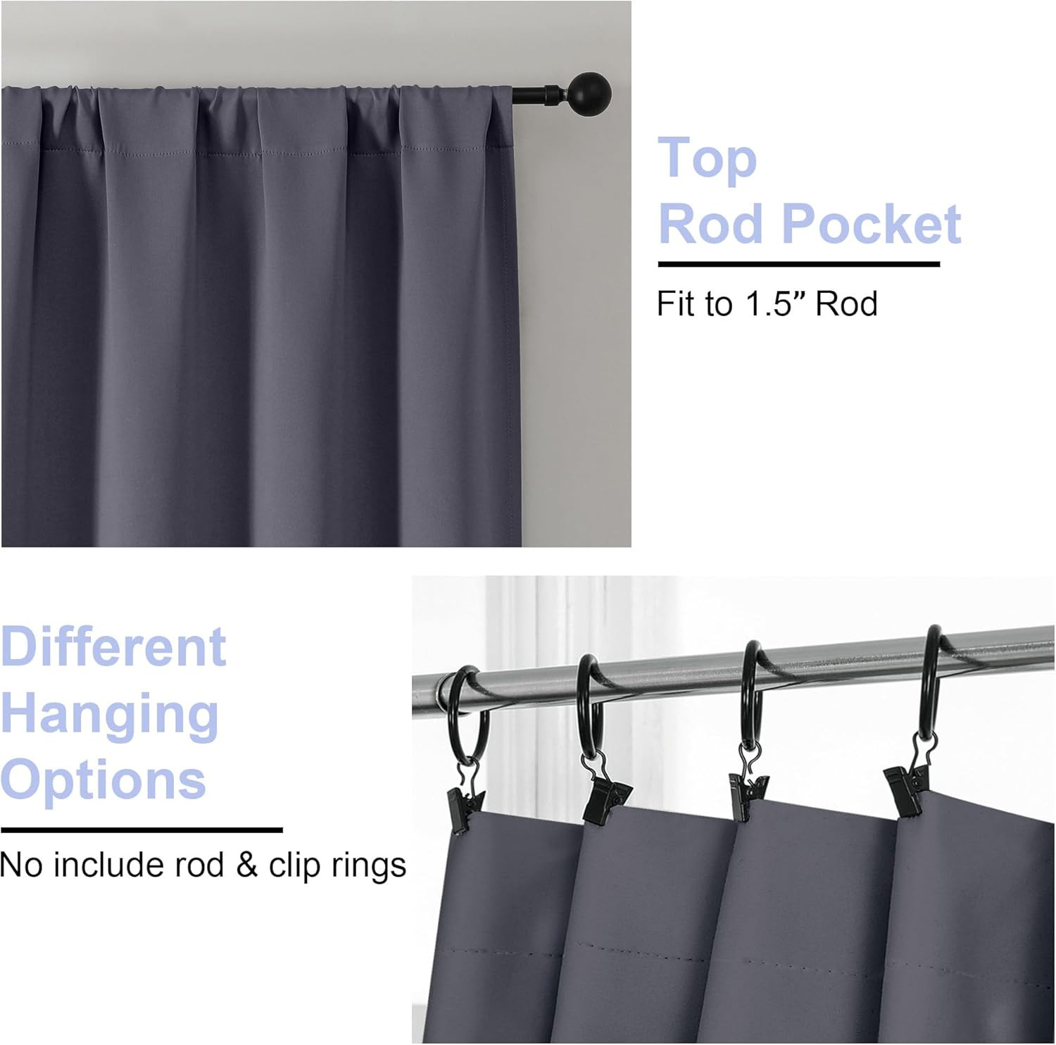 Ava Grey Short Blackout Curtains for Bedroom 54 Inches Long 2 Panels Set, Solid