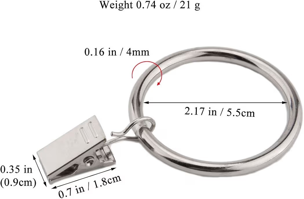Curtain Rings with Clips Silver 55mm 10 Pack Extra Large 2 1/2 Inch Nickel Metal