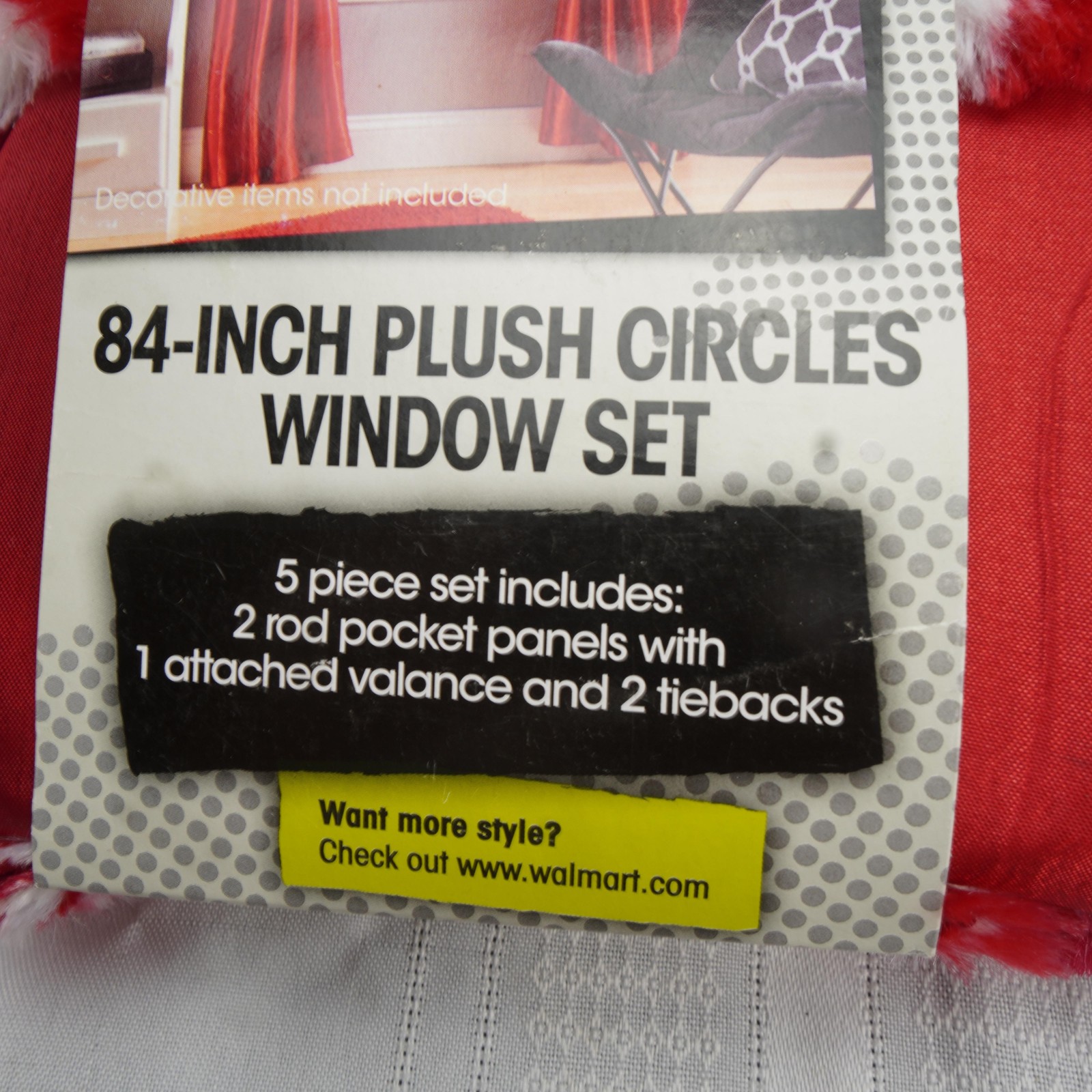 Your Zone 84-Inch Plush Circles Window Set 5 Piece Red Curtains Valance Tiebacks