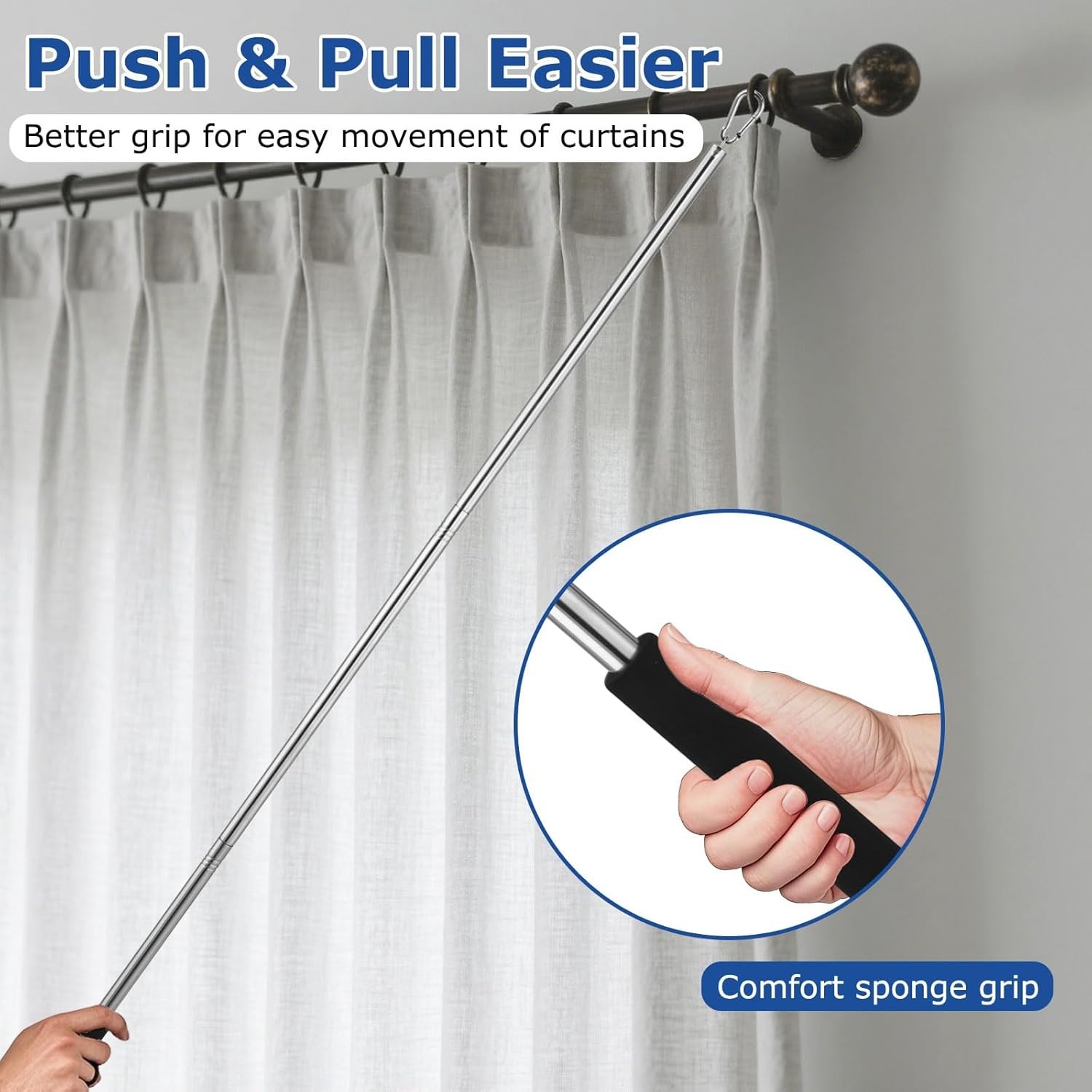 Curtain Pull Wand Drapery Rod 2 Pack Adjustable Stainless Steel Silver