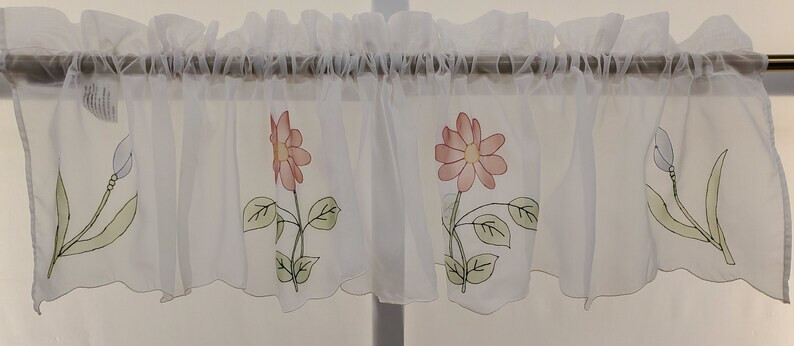 Iris Airbrushed Hand Cutwork Floral Sheer Toppers Swag or Valance VINTAGE White