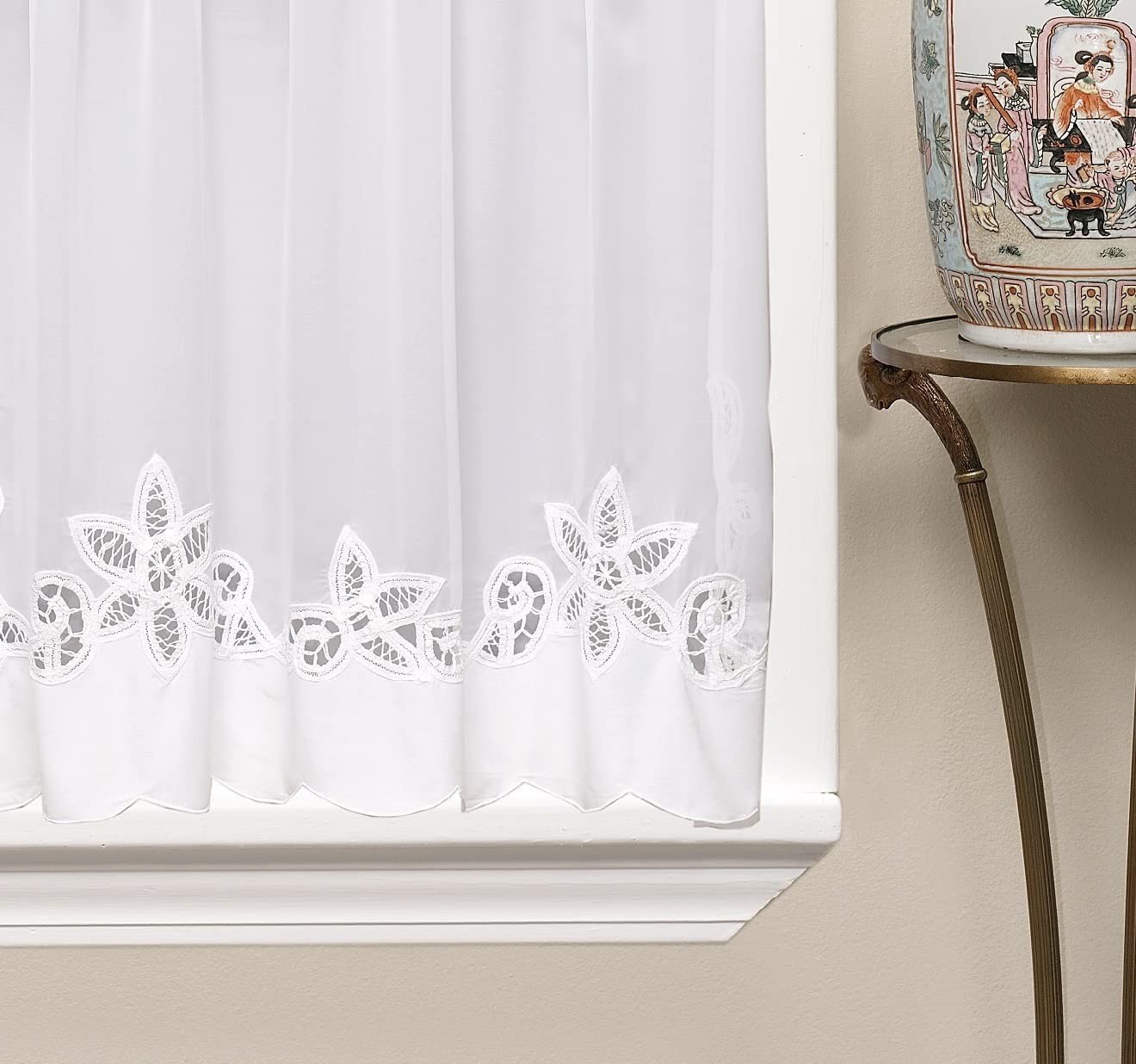 Plymouth Classic Battenburg Applique Sheer Window Tier, 36-Inch, White