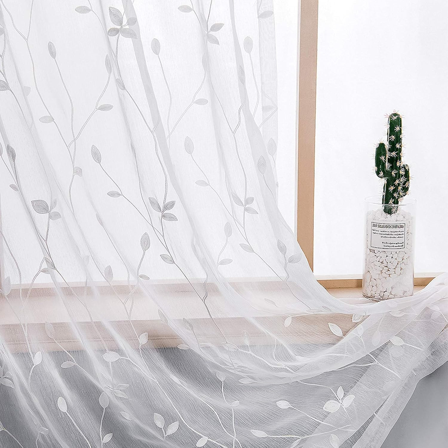 2 Panels Embroidered Leaf Pattern Semi Sheer Curtains Foliage Floral Voile Windo