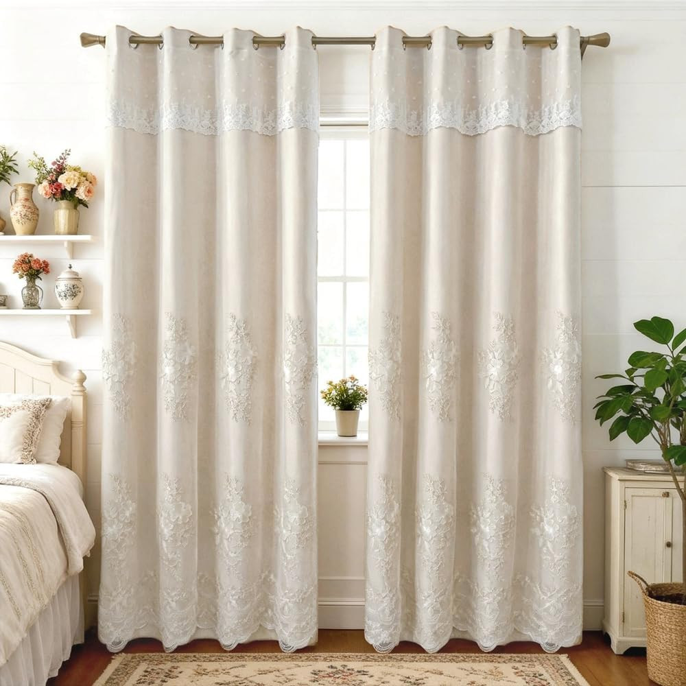 1 Pair European Double Layer Curtains Luxury Flower Embroidered Curtains for Liv
