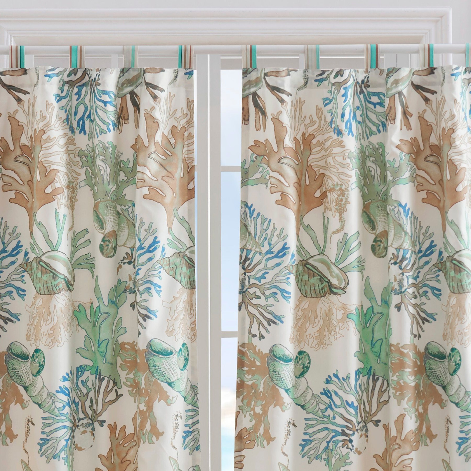 ATLANTIS JADE 84″ WINDOW PANELS : AQUA SHELLS CORAL BEACH SEASIDE CURTAIN DRAPES