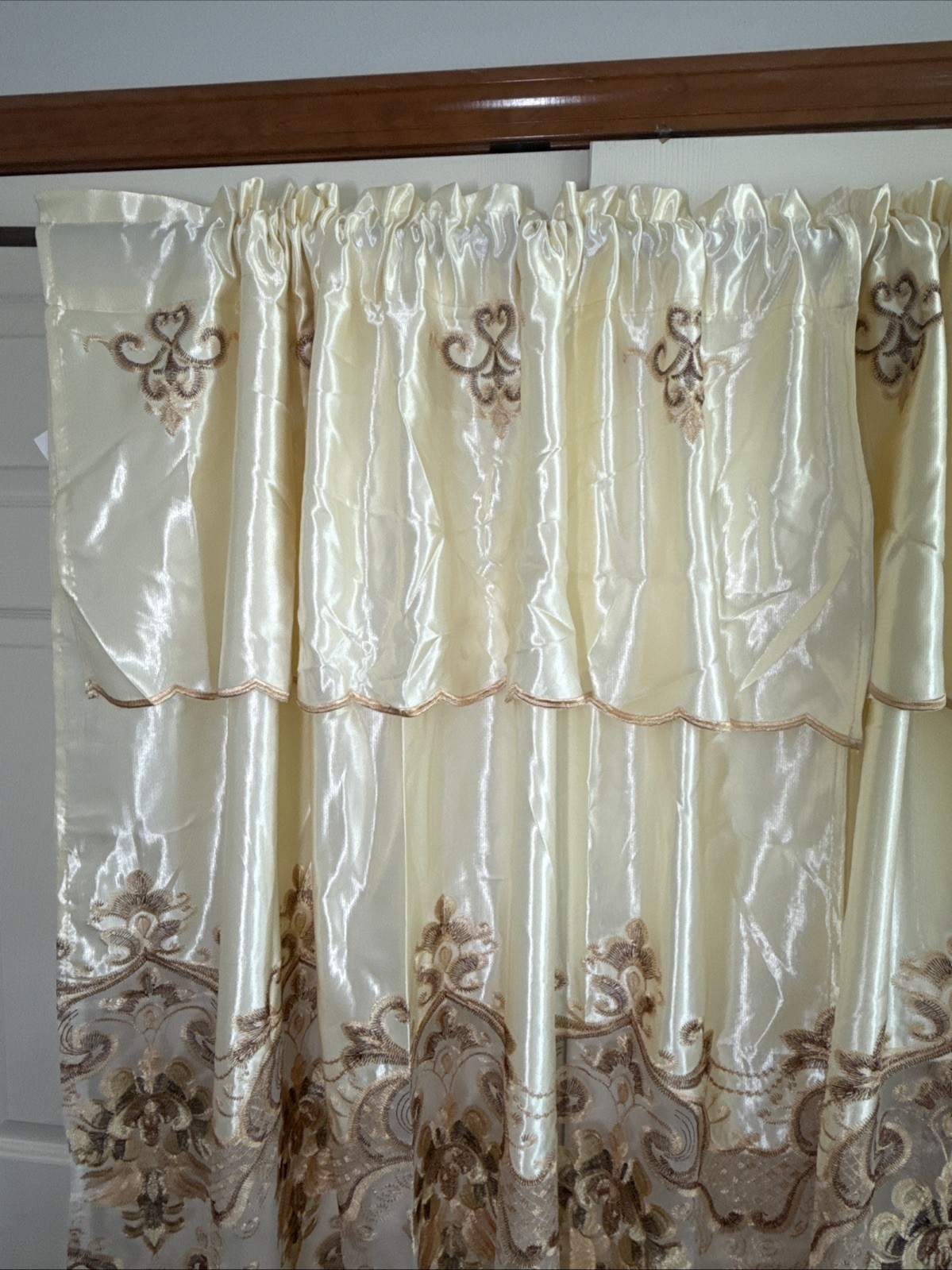 Drapes 2 Panels Beige w/ Attached Valance, Shimmer Satin, Sheer Lace 54 X 87”