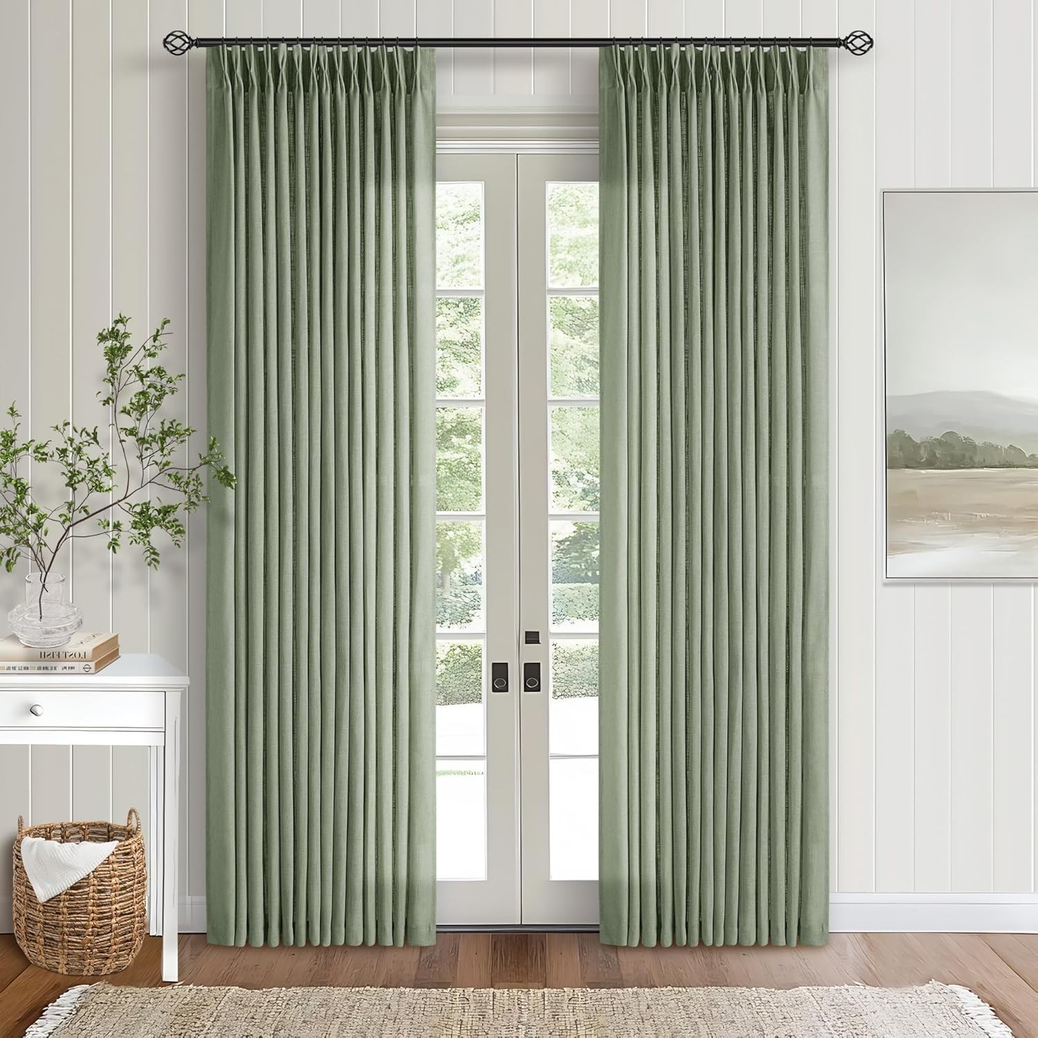 Pinch Pleated Linen Curtains 96 Inch Light Filtering Drapes 2 Panels Neutral
