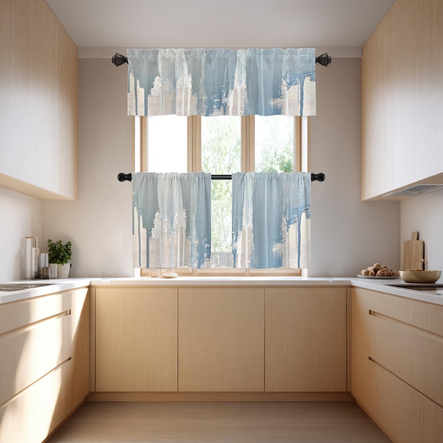 Light Blue Abstract Minimalist Watercolor Kitchen Valances for Windows,Art
