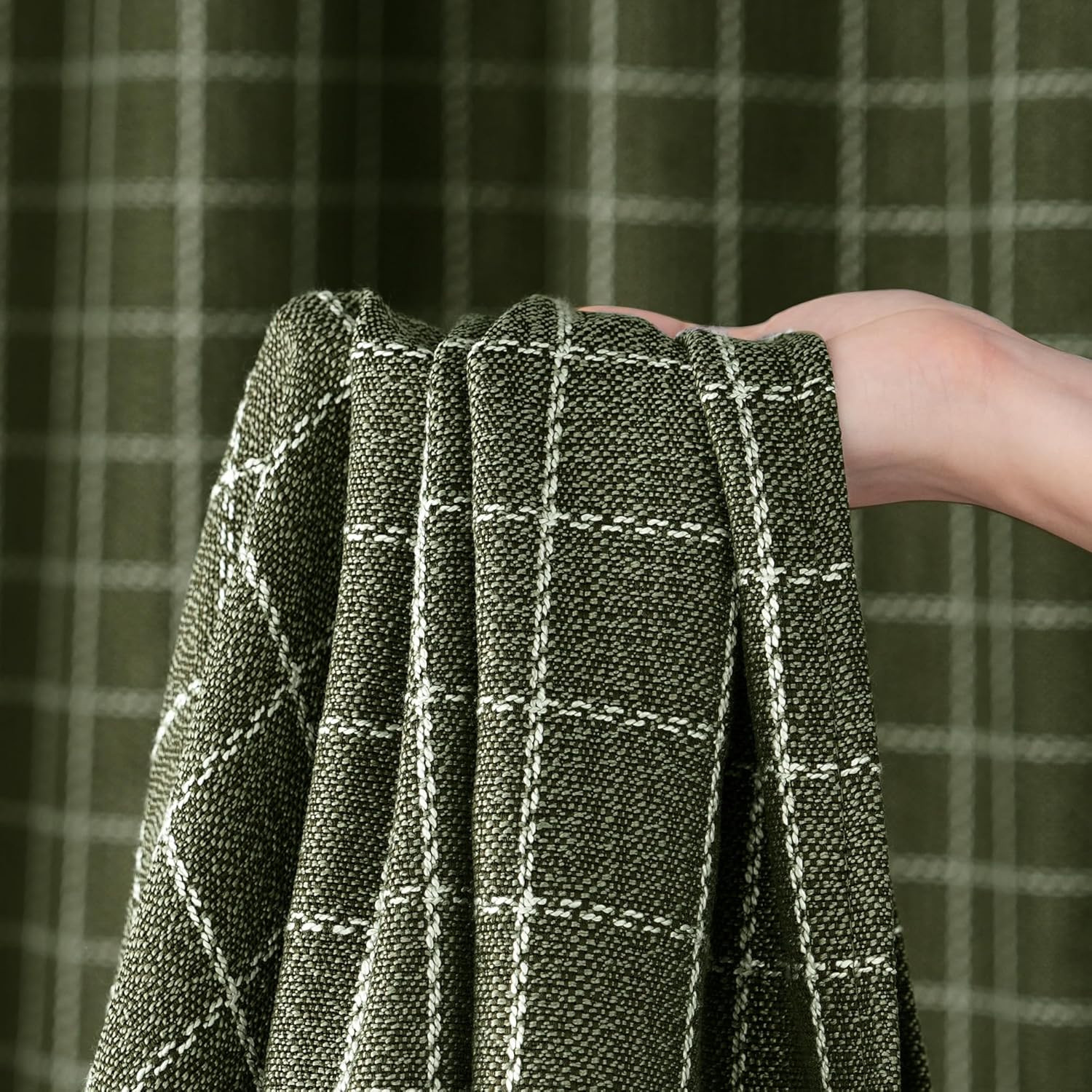 Olive Green Linen Plaid Bedroom Curtains, Rod Pocket & Back Tab Geometric Jacqua