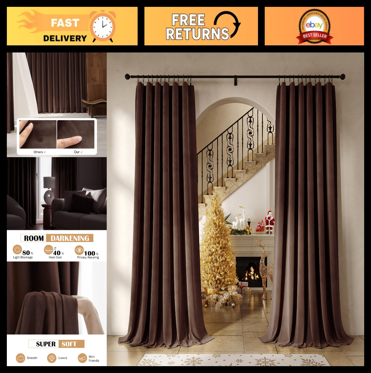 Luxury Coffee Brown Velvet Curtains 72″ Long – 2 Panels, Room Darkening, Thermal