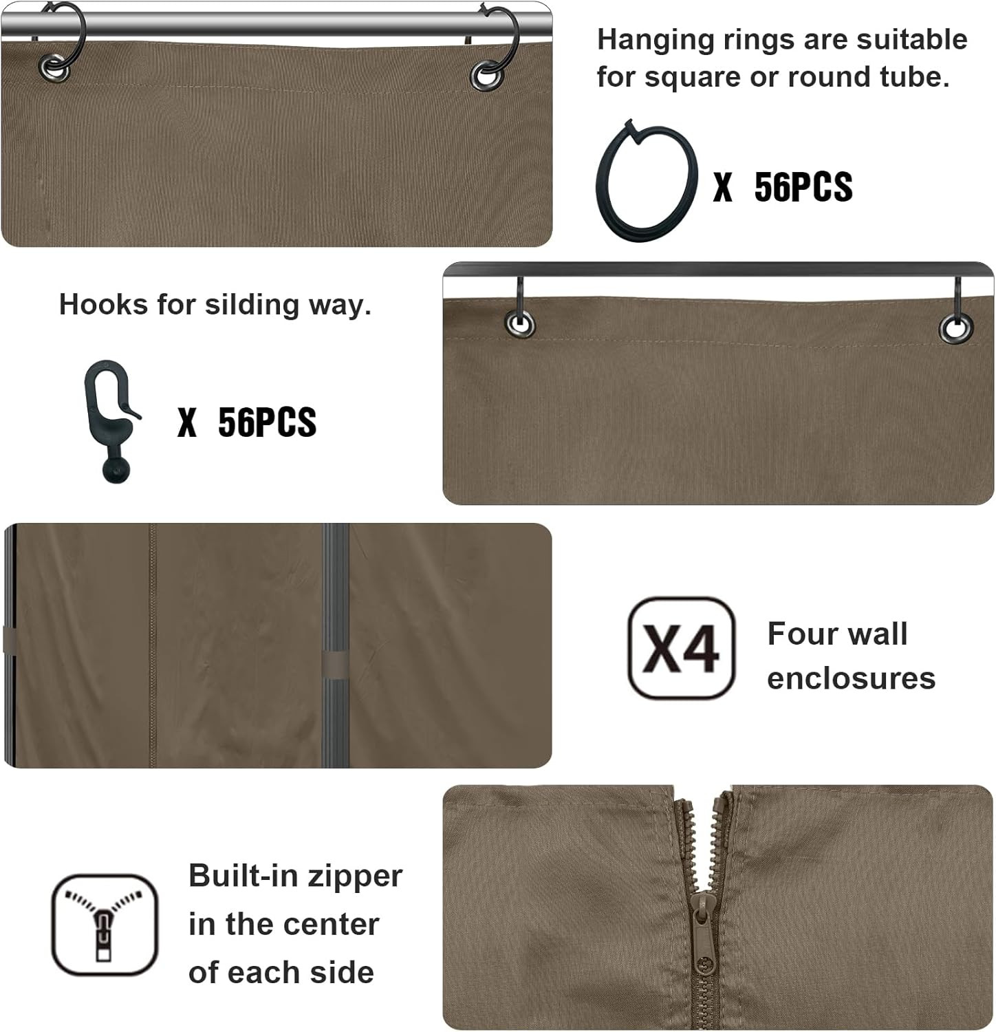 Waterproof 10’X10′ Gazebo Curtains with Zipper – 4 Panels, Brown
