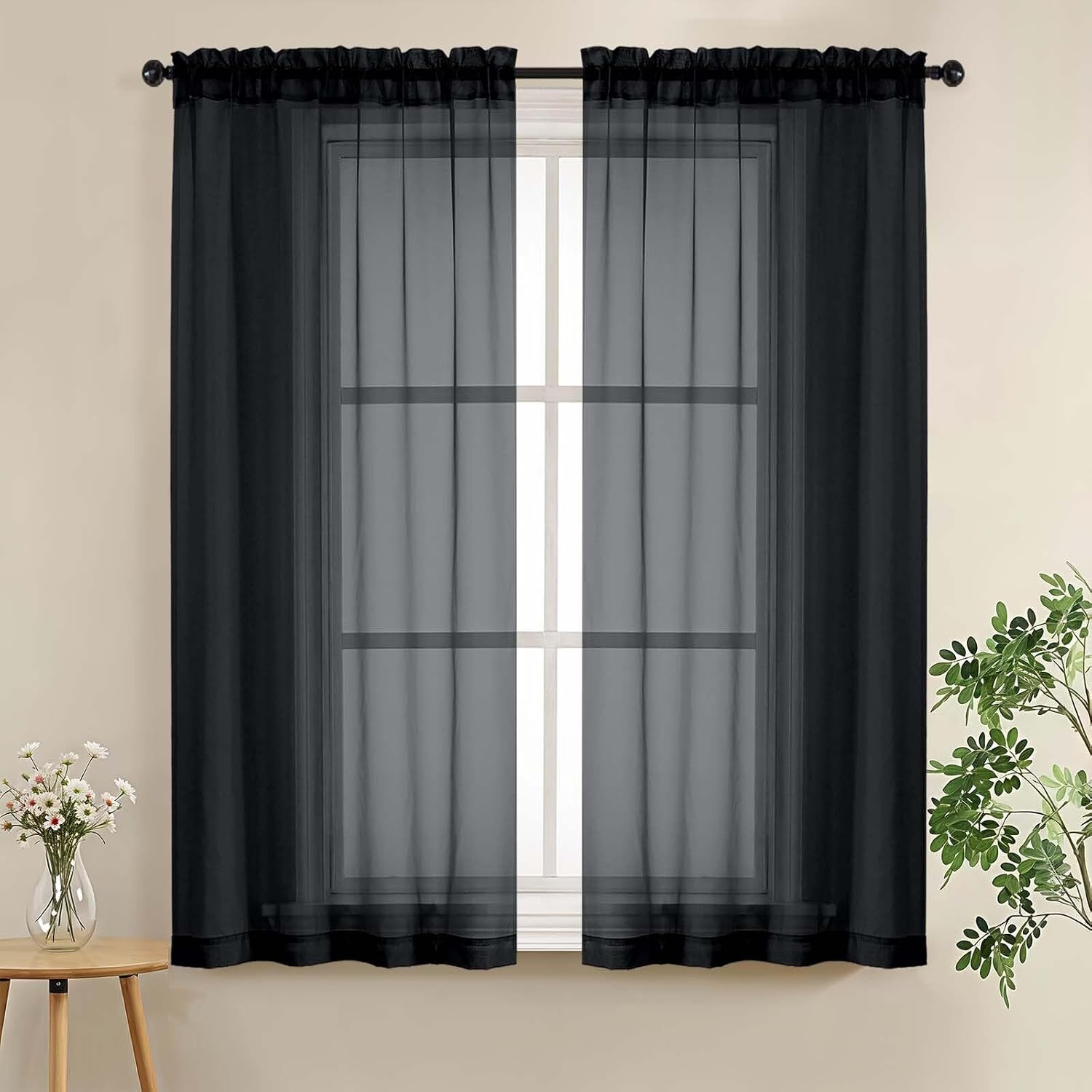 Black Sheer Curtains 54 Inch Length for Bedroom – Light Filtering Short Curtains