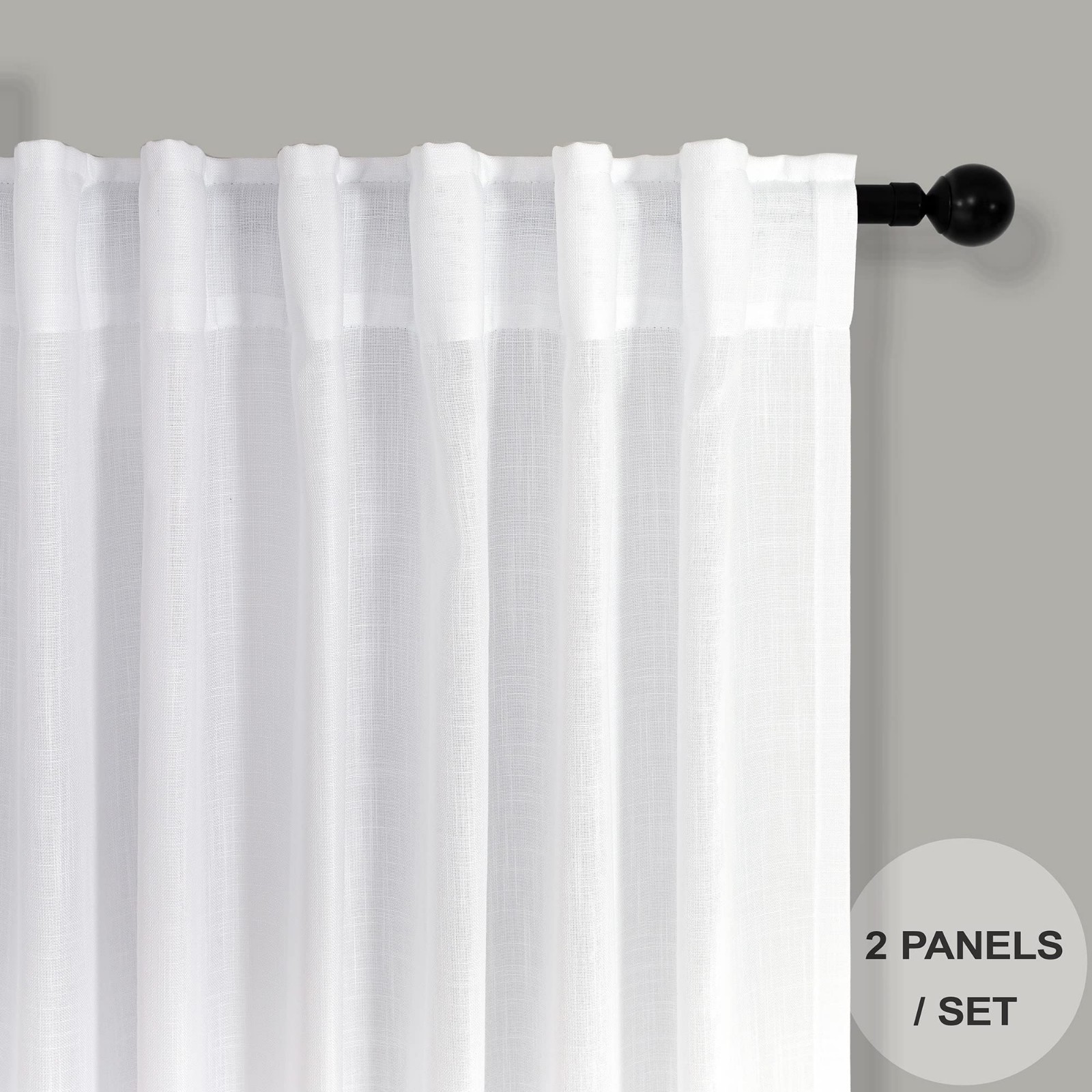 White Linen Textured Kitchen Curtains – 24″ Tier Cafe Curtains, 2 Pcs, Sheer Sho