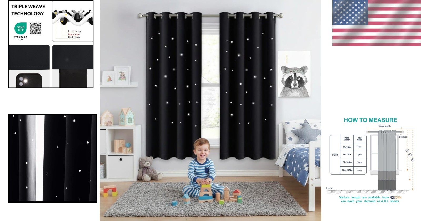 Dreamy Blackout Drapes with Star Patterns for Kids Room – 63in Length, 52in Wide