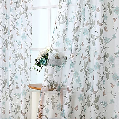 Tollpiz Sheer Floral Curtains – Butterfly 54″W x 45″L – Set of 2 – Blue