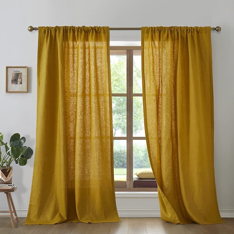 Linen curtain Mustard Color Living Room two panels Bedroom linen Curtain Set