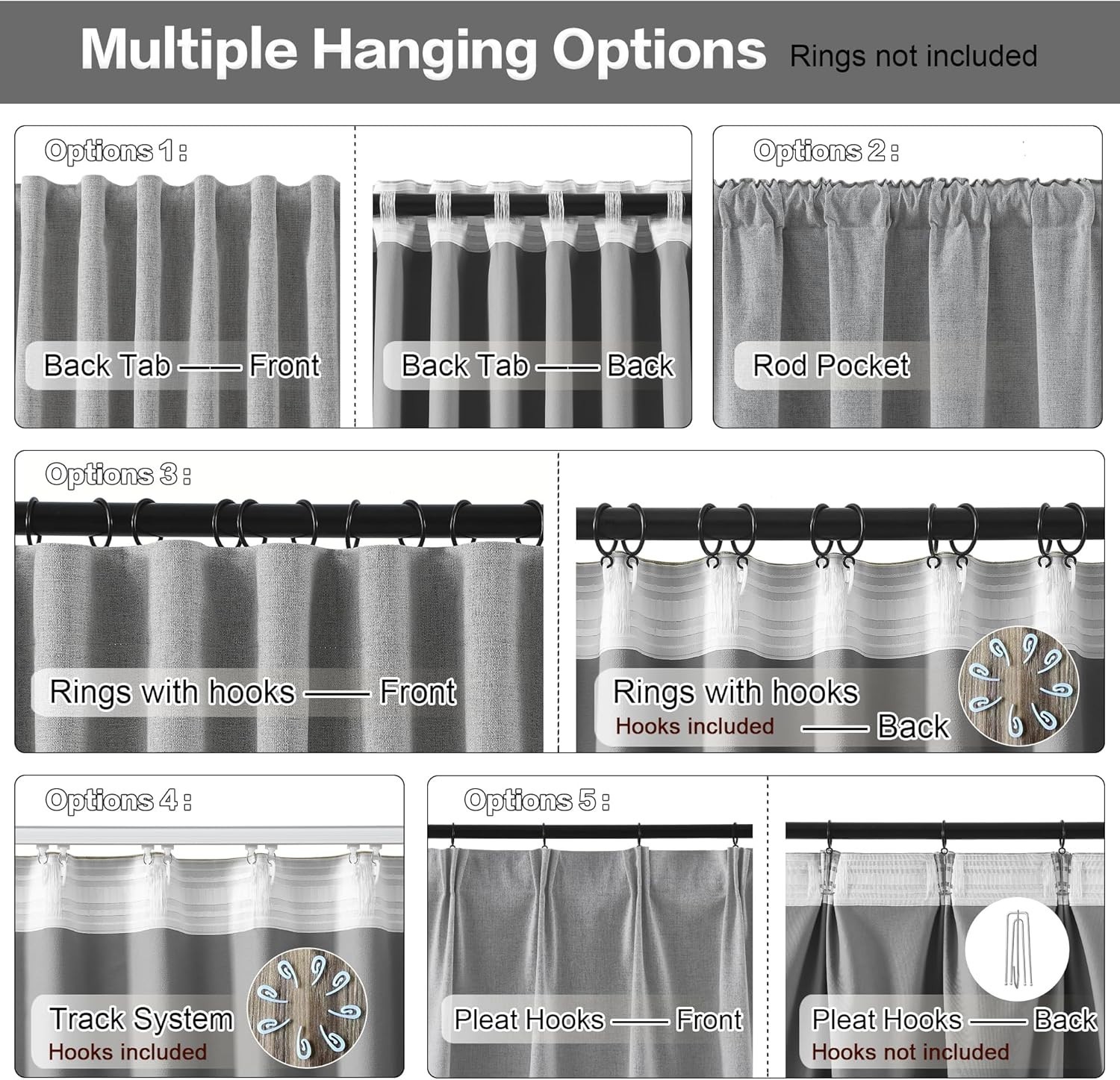 144″ Long Blackout Curtains – Grey Back Tab Drapes, Noise Reducing 2 Panels