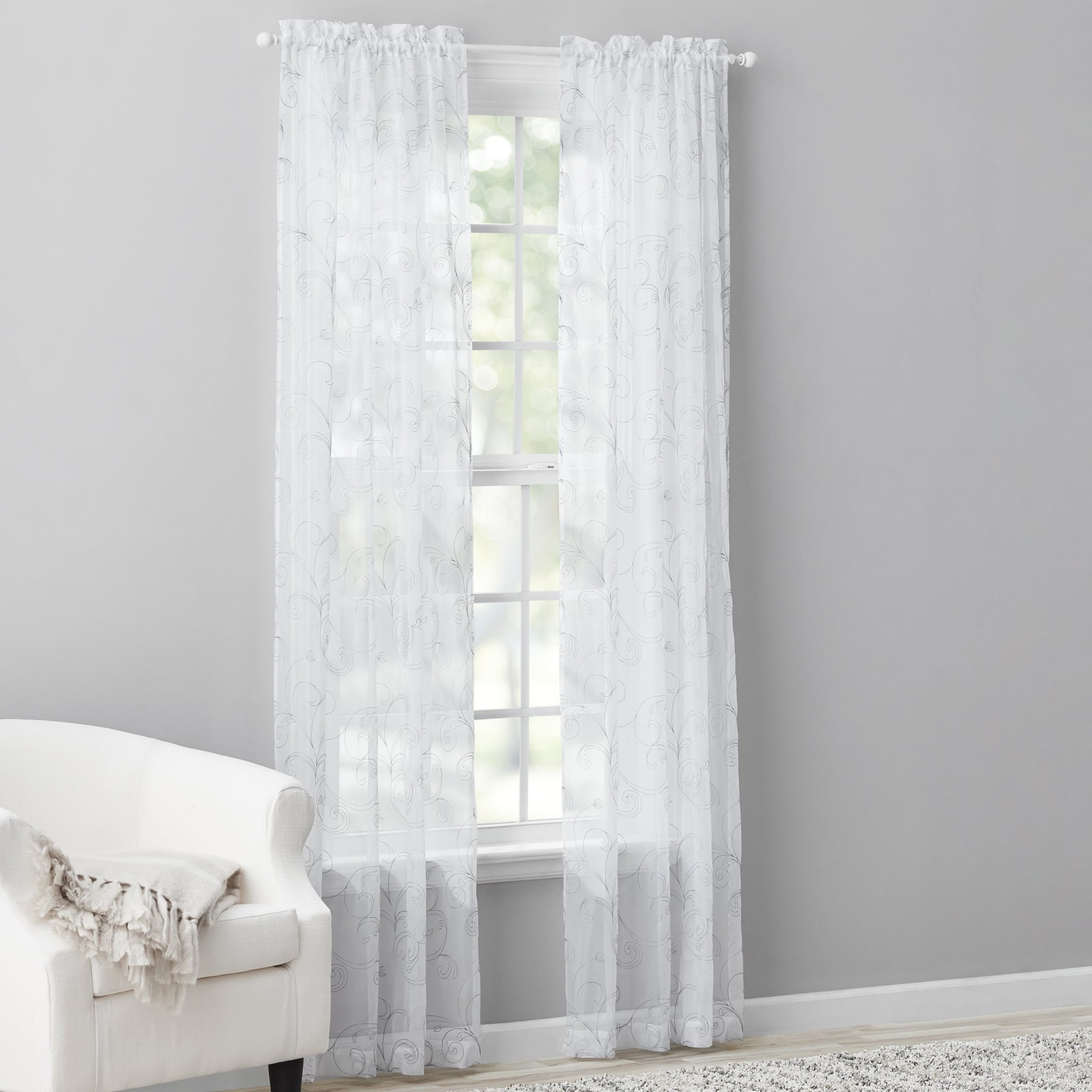 Scroll Rod Pocket Sheer Curtain Panel, 1-Piece, White/Grey, 38″ W x 63″ L