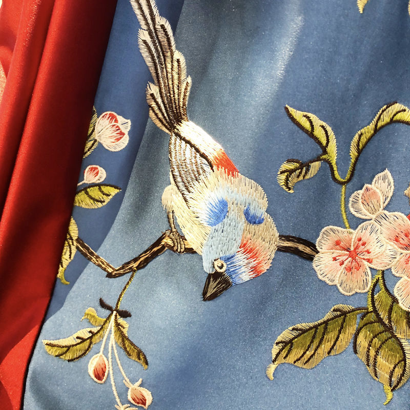 classic bird embroidery Faux silk blue cloth valance curtain tulle drape C1910