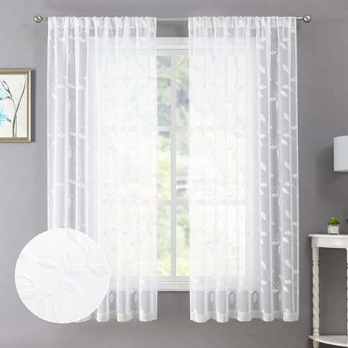 Tollpiz Leaf Sheer Curtain Leaves Embroidered 38″W x 63″L (Pack of 2) White