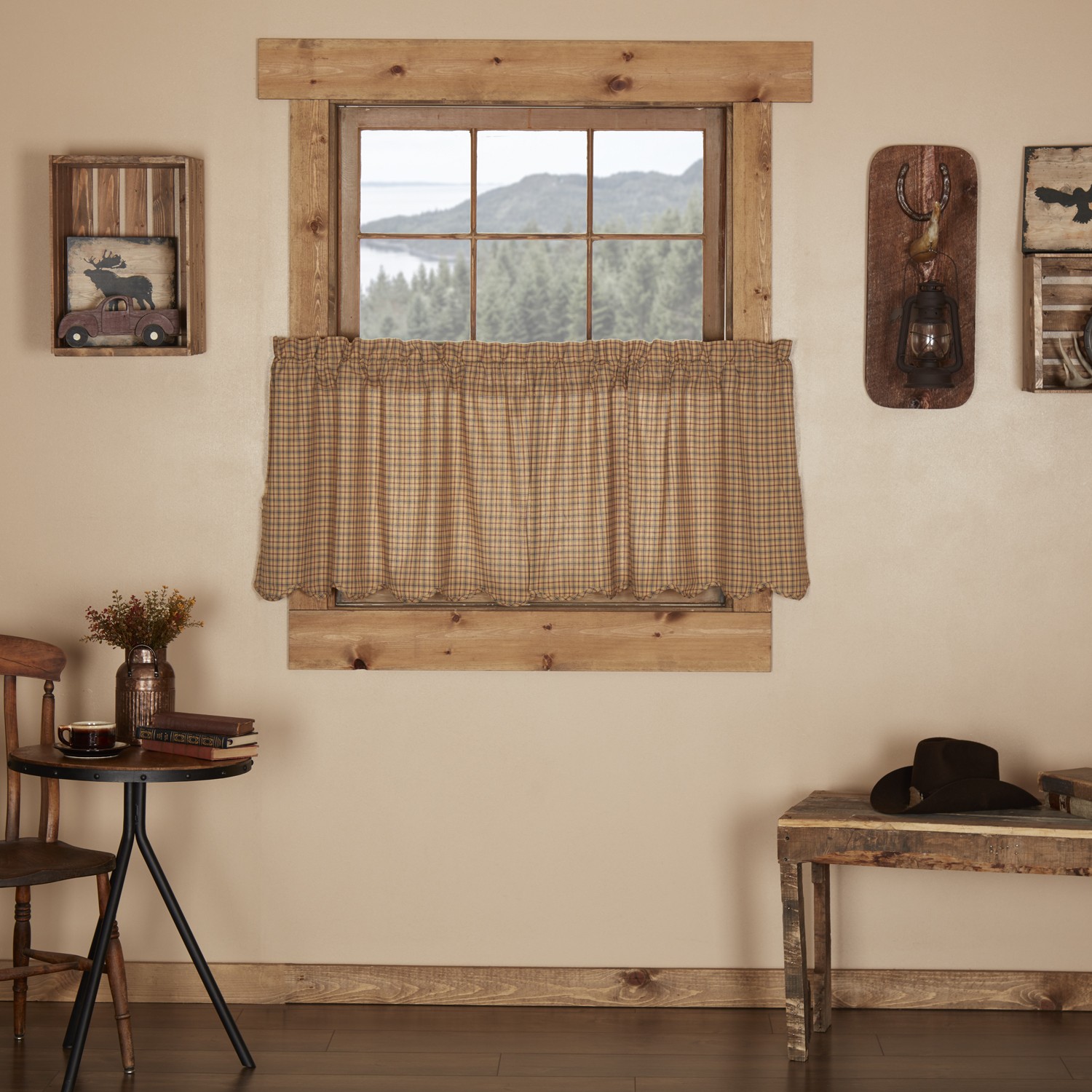 Rustic 24″x36″ Tier Pair Tan Rod Pocket Plaid Kitchen Window Curtains VHC Brands