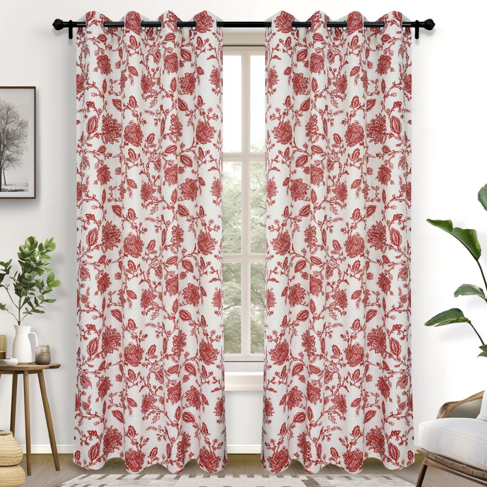 Linen Floral Paisley Blackout Curtains Lined Grommet Jacobean Window Drapes 2Pcs