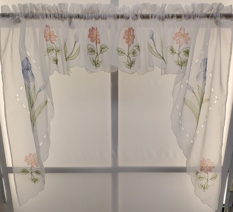 Iris Airbrushed Hand Cutwork Floral Sheer Toppers Swag or Valance VINTAGE White