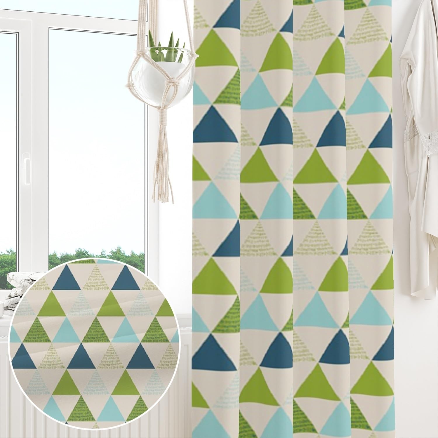 107x160cm Eyelet Curtain Blue Green Triangle Pattern Abstract Tree Art Geometric…