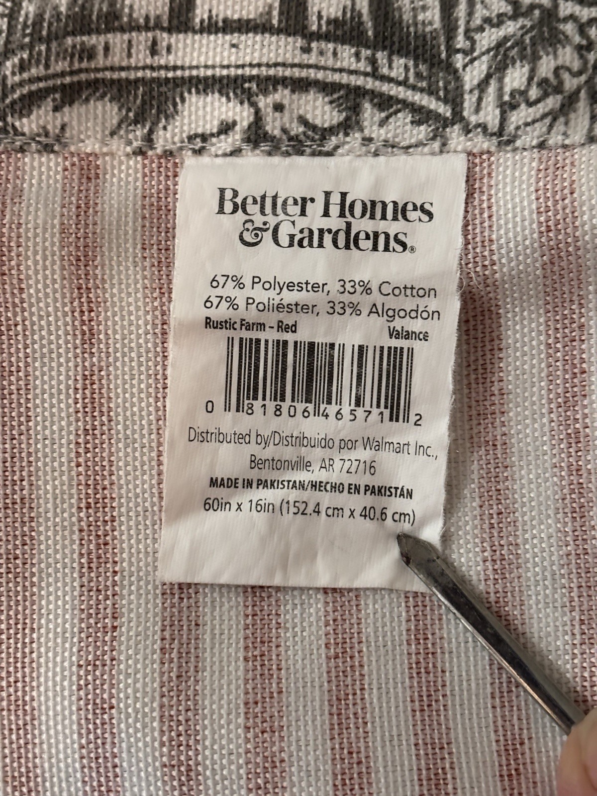 Better Homes & Gardens Red Rustic Farm Print Valance 60 x 16” Farmhouse Country