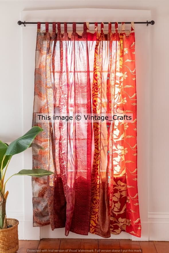 Indian Vintage Sari Patchwork Curtain Drape Window Boho Decor Silk Red Curtain