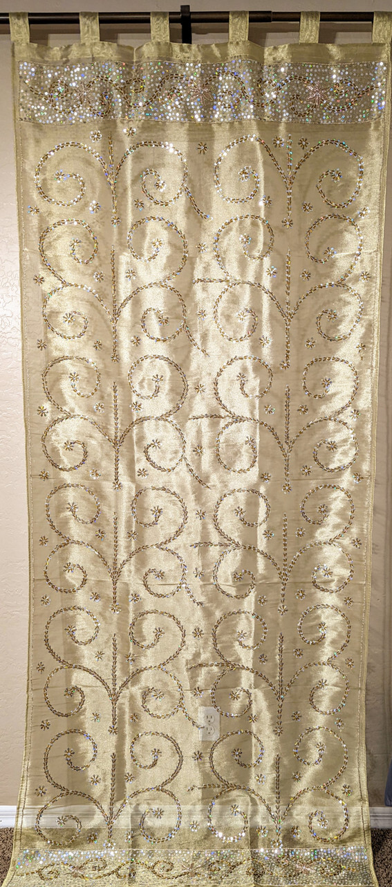 Lovely Pale Gold Sheer Beaded Curtain Embroidered Window Panel Zardozi India 92″