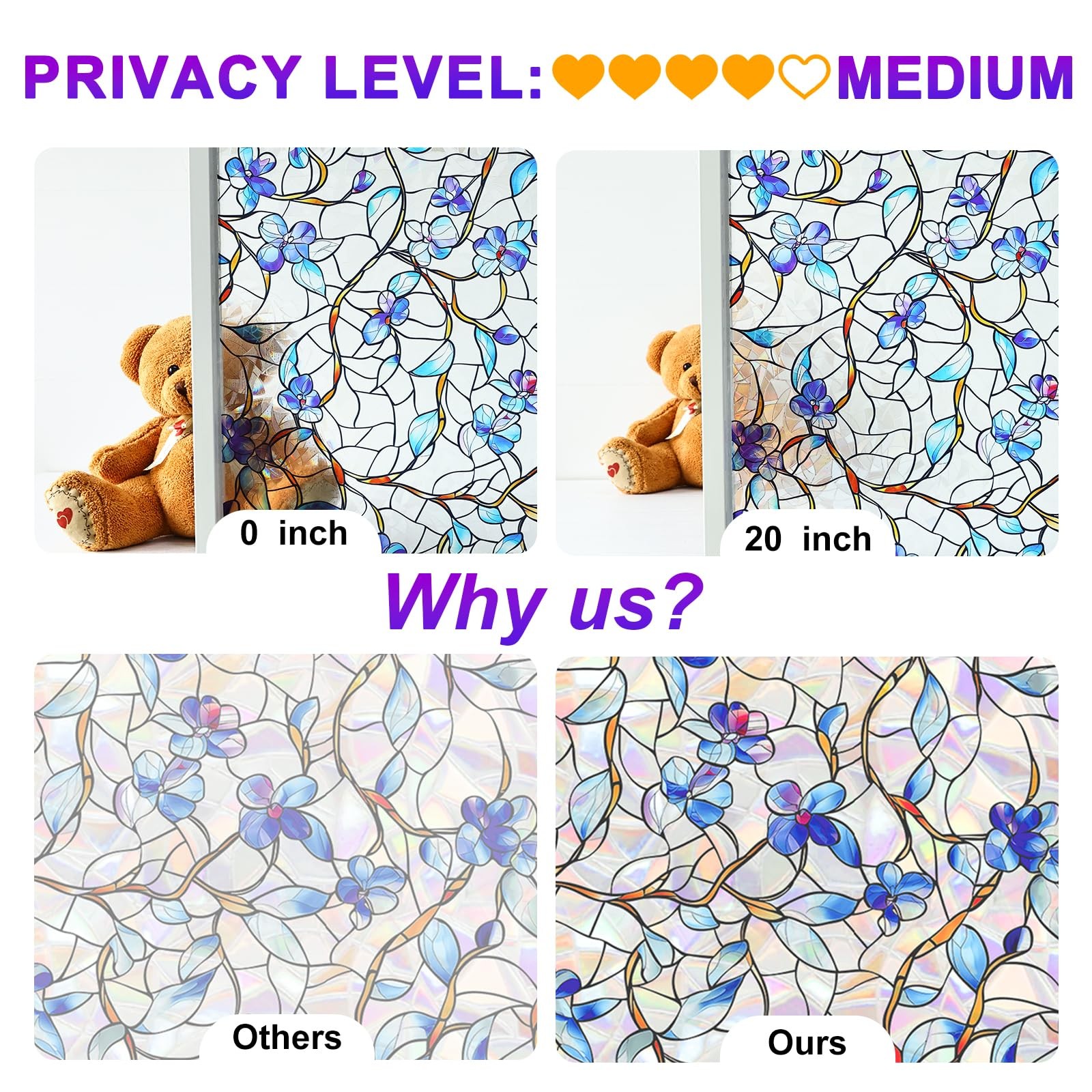 Rainbow Window Privacy Film,Heat Control,UV Blocking,Anti-Glare,Day & Night P…