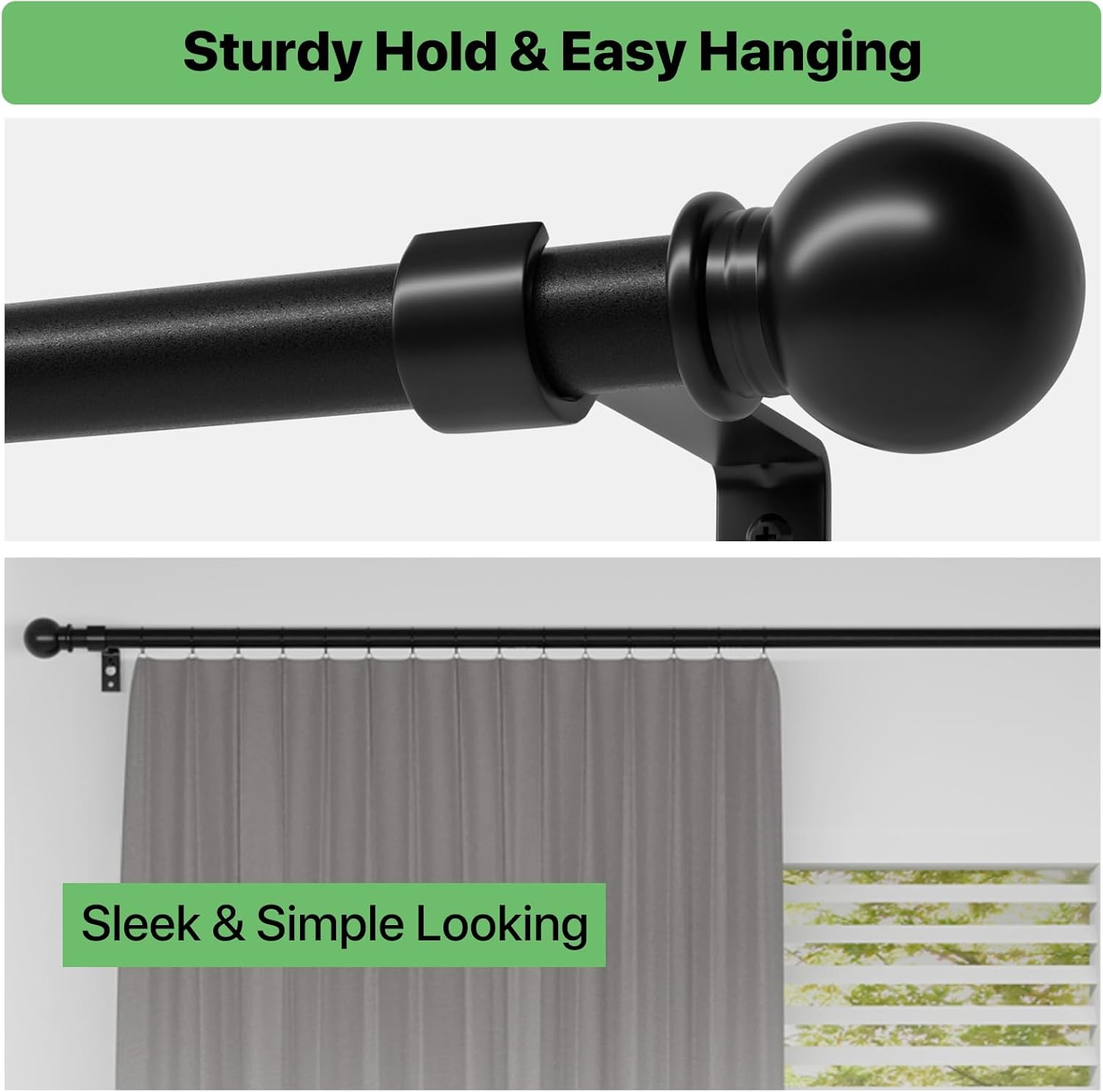 Curtain Rods for Windows 28 to 48 Inch, 5/8 Inch Black Curtain Rod Set with Brac