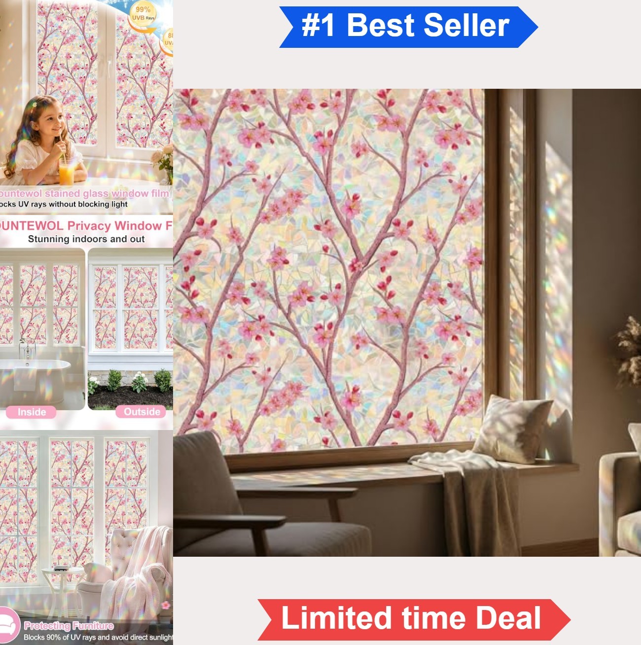 Stained Glass Window Film Privacy Static Cling Cherry Blossom 78.7 x 17.5 Inch