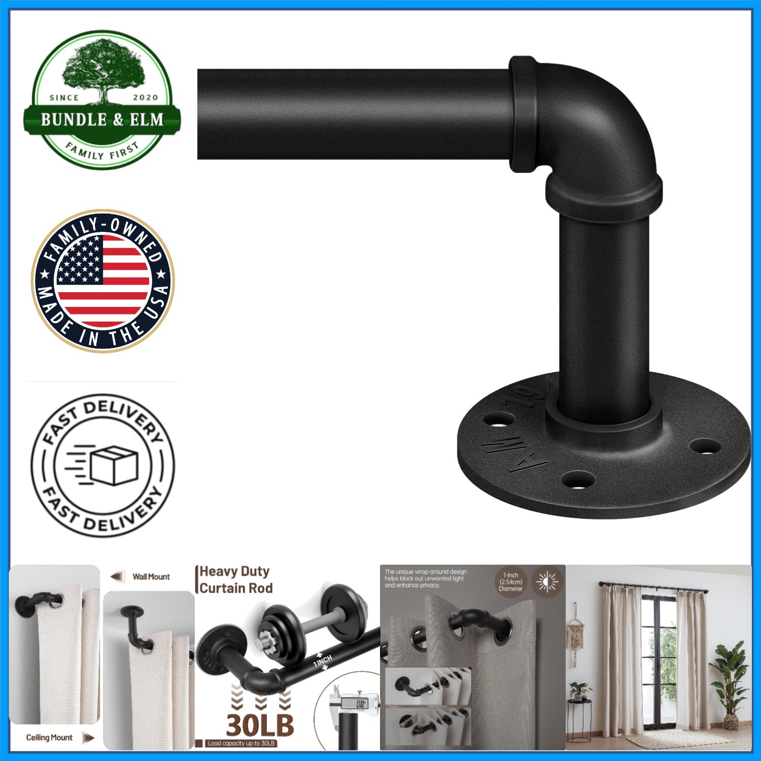 Rustic Black Curtain Rod, Includes Installation Accessories and Instructions