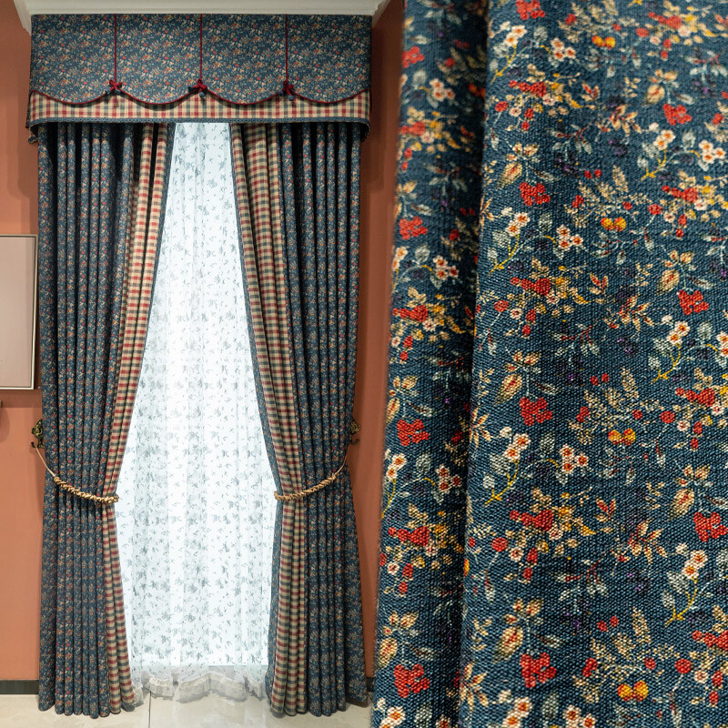 Custom Pastoral cotton linen bay window blue cloth curtain valance drape C1828