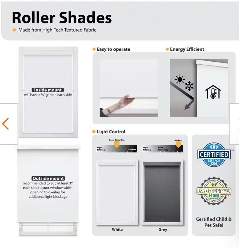 Grandekor Gray Blackout Roller Shade 35 x 72 in Solid Fabric, Modern Frame Mount