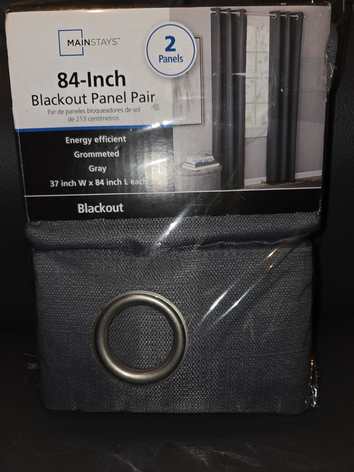 Mainstays 84 in. Blackout 2 Panel set. 37″x84″ Grey, Grommeted Curtins.
