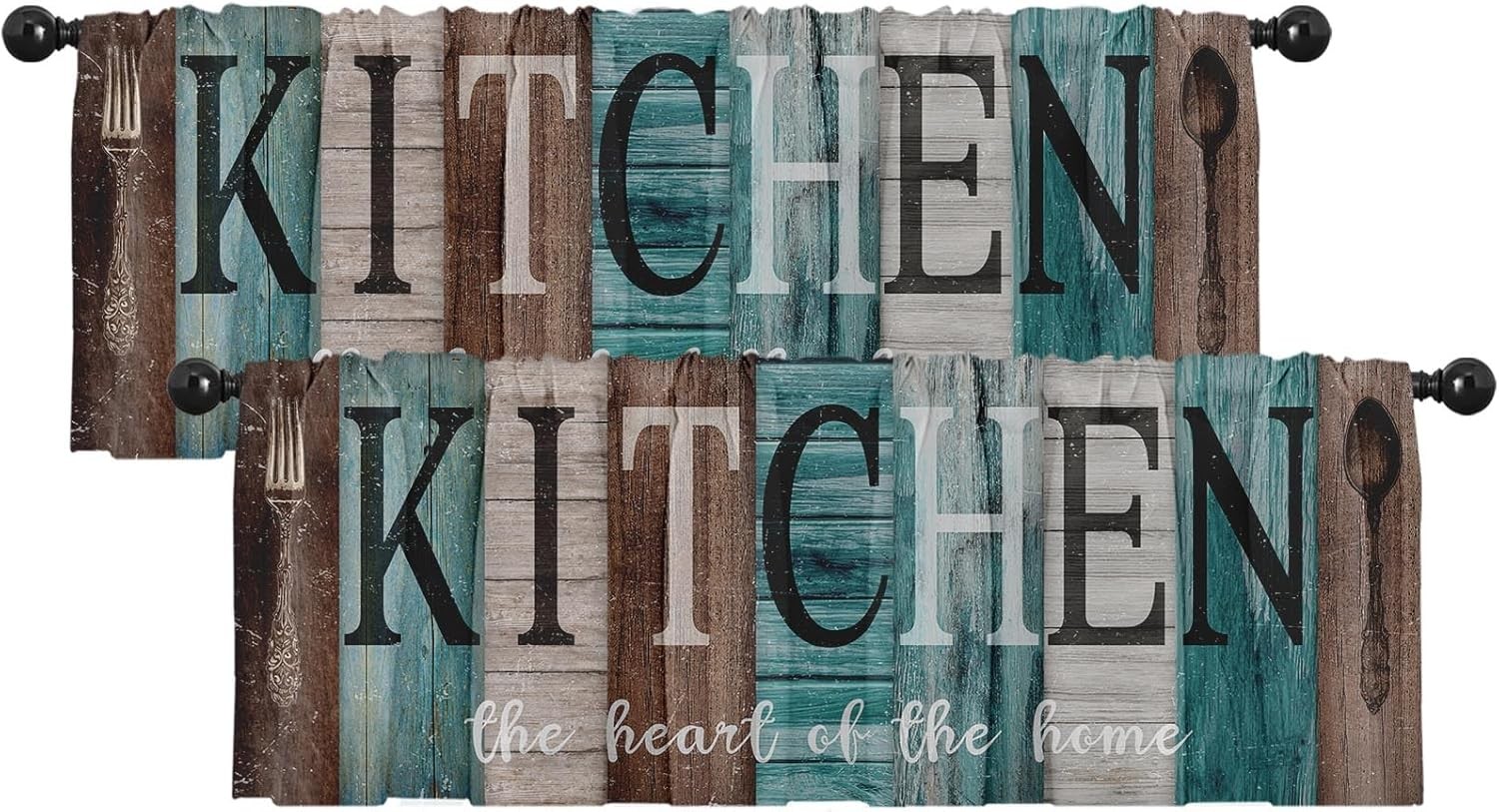 2 Pack Valances Window Treatments Teal & Brown Farmhouse Kitchen Cooking